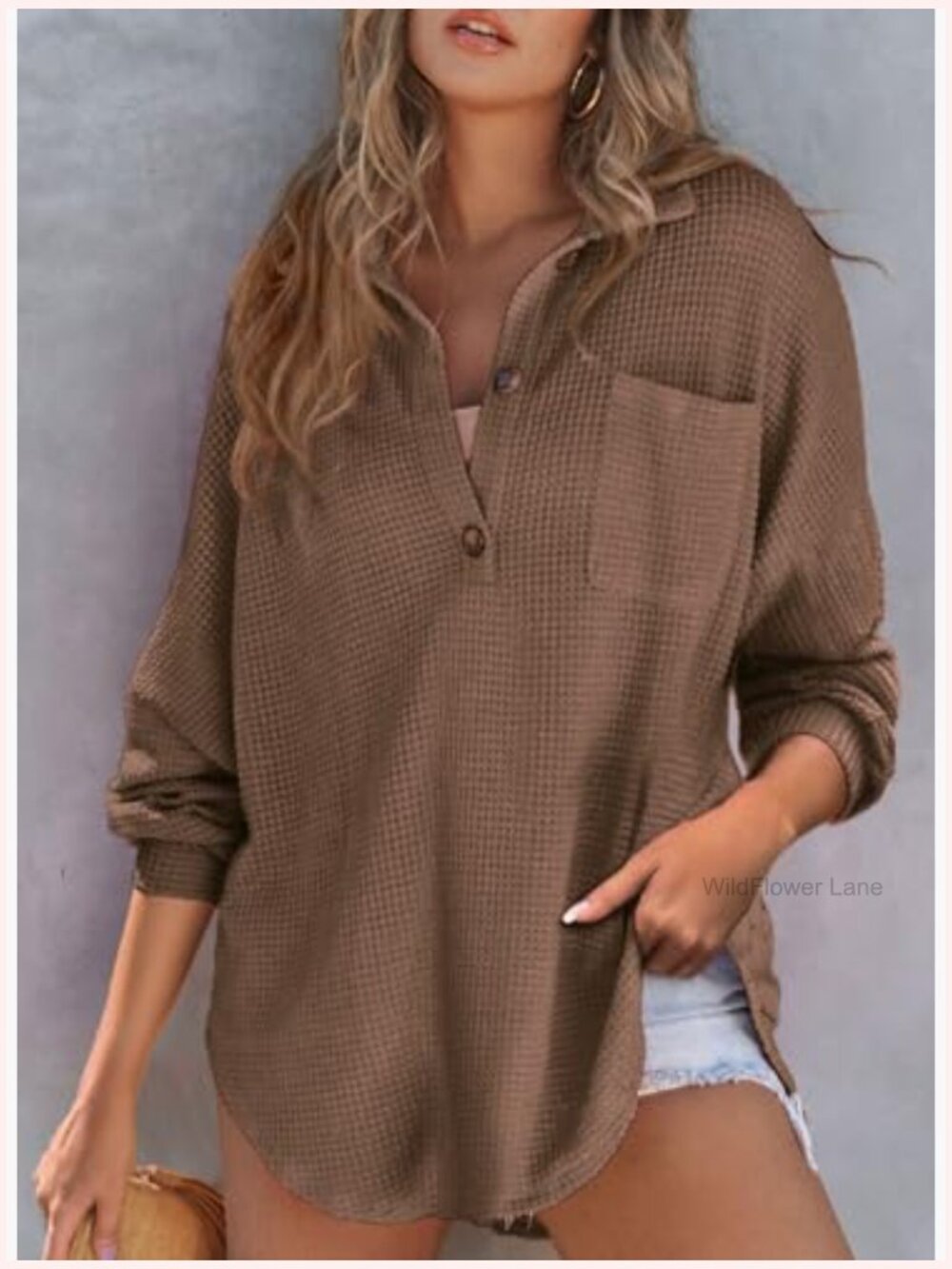 Waffle Knit Henley Oversized Tunic Long Sleeve V Neck Pullover Top - Picture 2 of 7